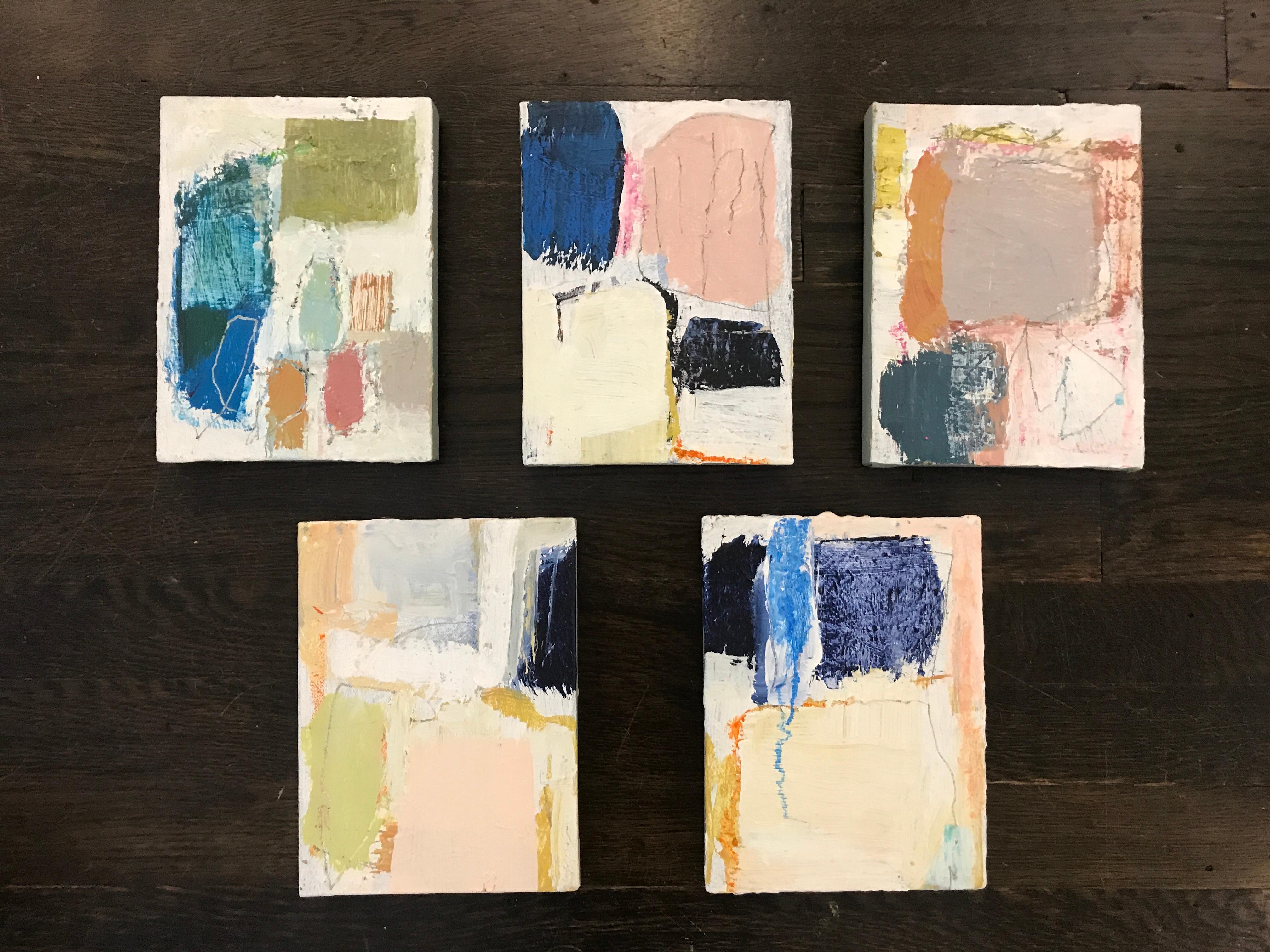 This little abstract painting is part of a 5 piece series, all of which are picture in an included image.  The artist has signed on the back.

Ellen earned her degree in Art Education with a minor in Painting at the Massachusetts College of Art in