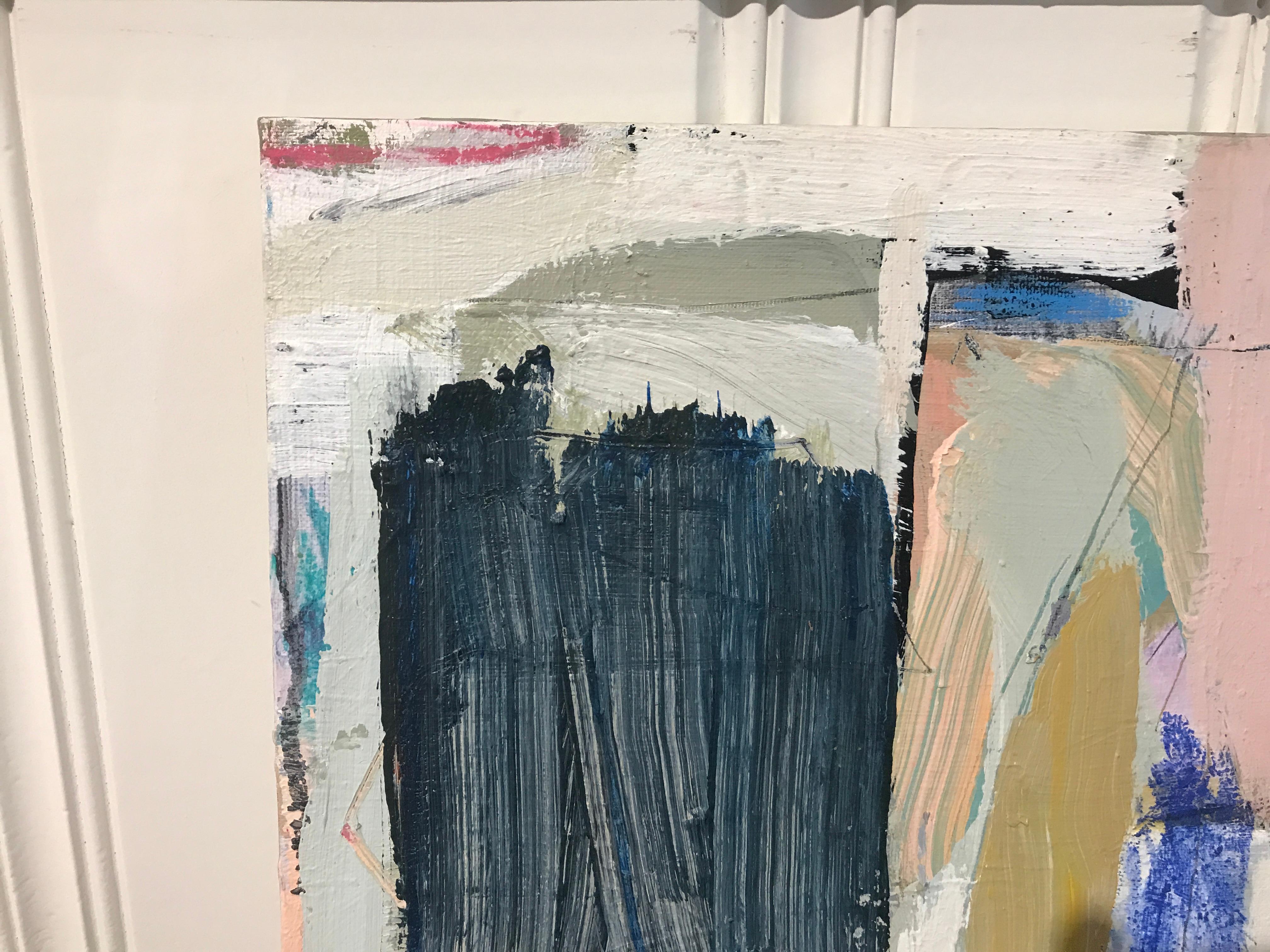 'Landscape Dream' is a small abstract acrylic and mixed media on canvas painting created by American artist Ellen Rolli in 2019. Featuring a palette mostly made of cream, black, soft pink, blue and ocher tones, the painting exudes an impression of