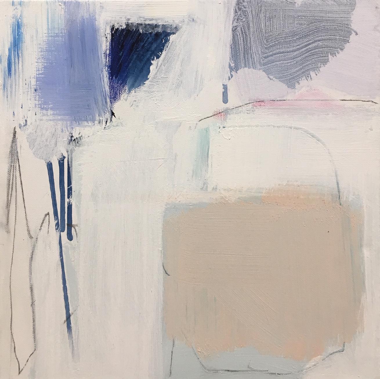 'Placid' is a petite abstract acrylic and mixed media on canvas painting of square format created by American artist Ellen Rolli in 2019. Featuring a palette mostly made of white, cream, blue and grey tones, the painting exudes an impression of