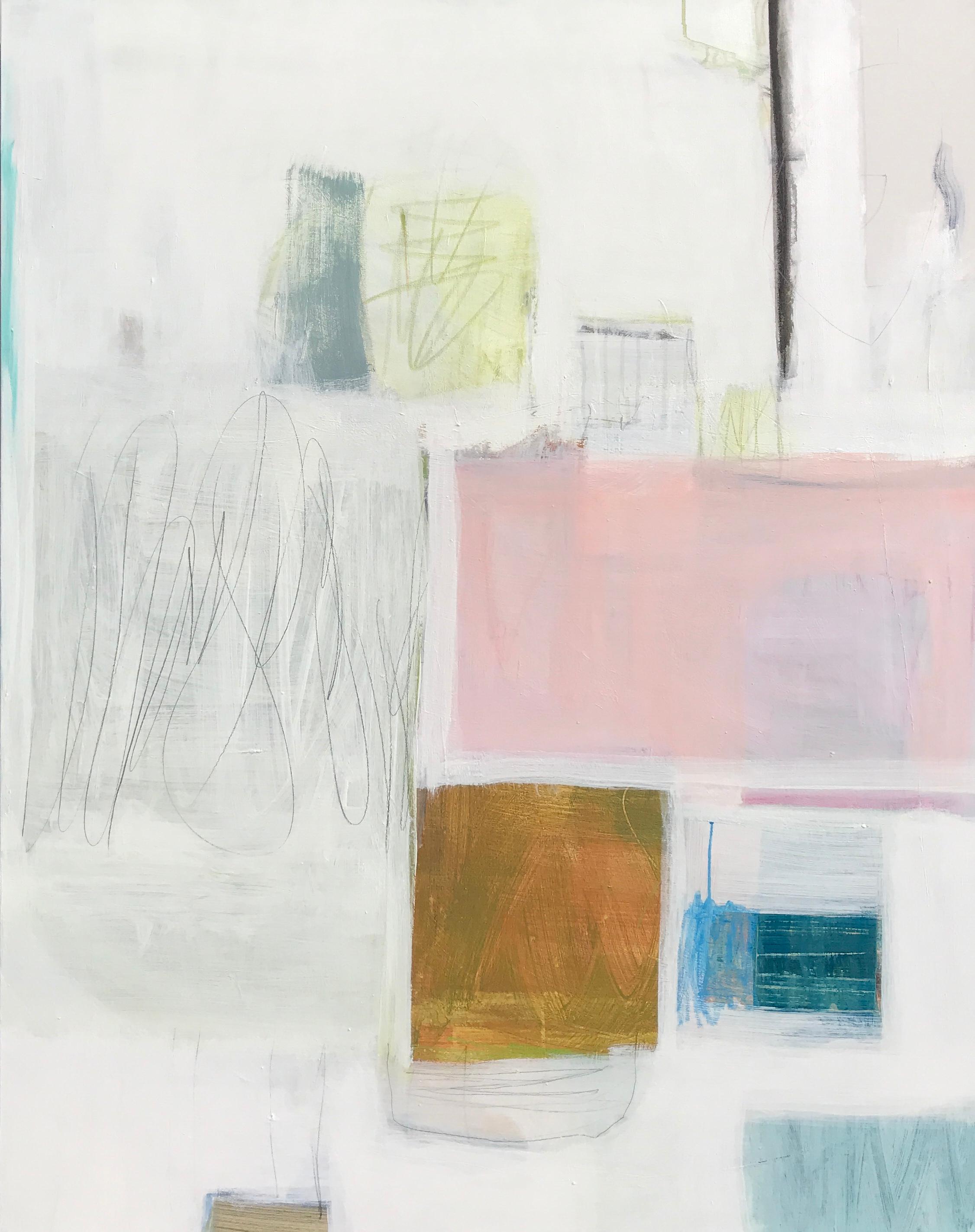 'Sojourn' is a large abstract acrylic and mixed media on canvas painting of vertical format, created by American artist Ellen Rolli in 2018. Featuring a soft palette made of pink, blue, light green and bronze playing beautifully with negative space,