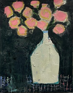 Steingutgefäß mit rosa Blumenmuster von Ellen Rolli, Abstraktes Stillleben auf Leinwand