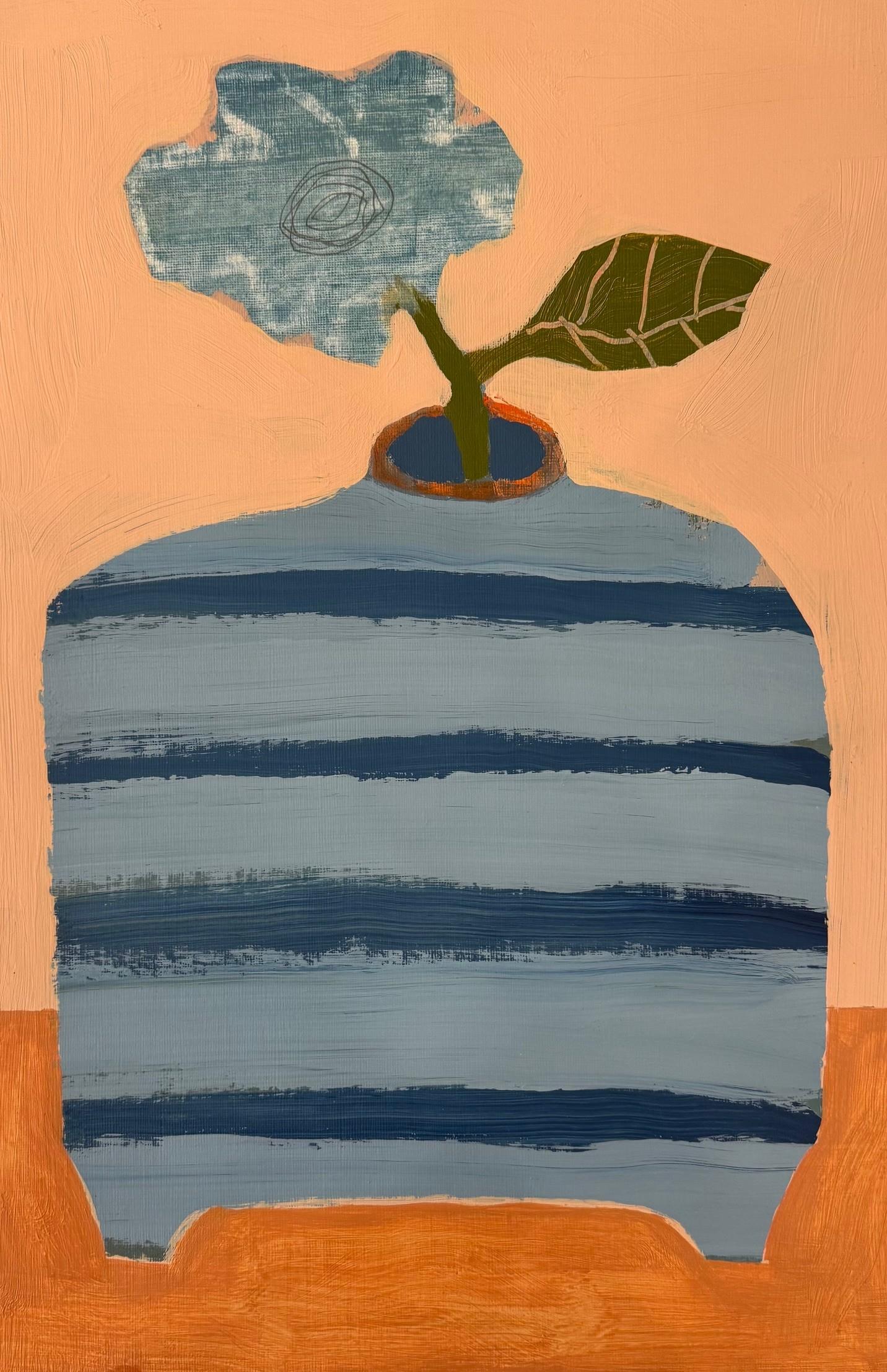 Striped Vessel with Blue Flower Stem by Ellen Rolli, Contemporary Still Life