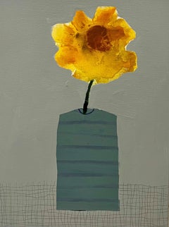 Gestreiftes Gefäß mit Sonnenblume von Ellen Rolli, Abstraktes Stillleben auf Leinwand