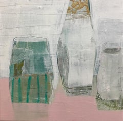 Three Vessels on Pink by Ellen Rolli, Abstract Still Life on Canvas