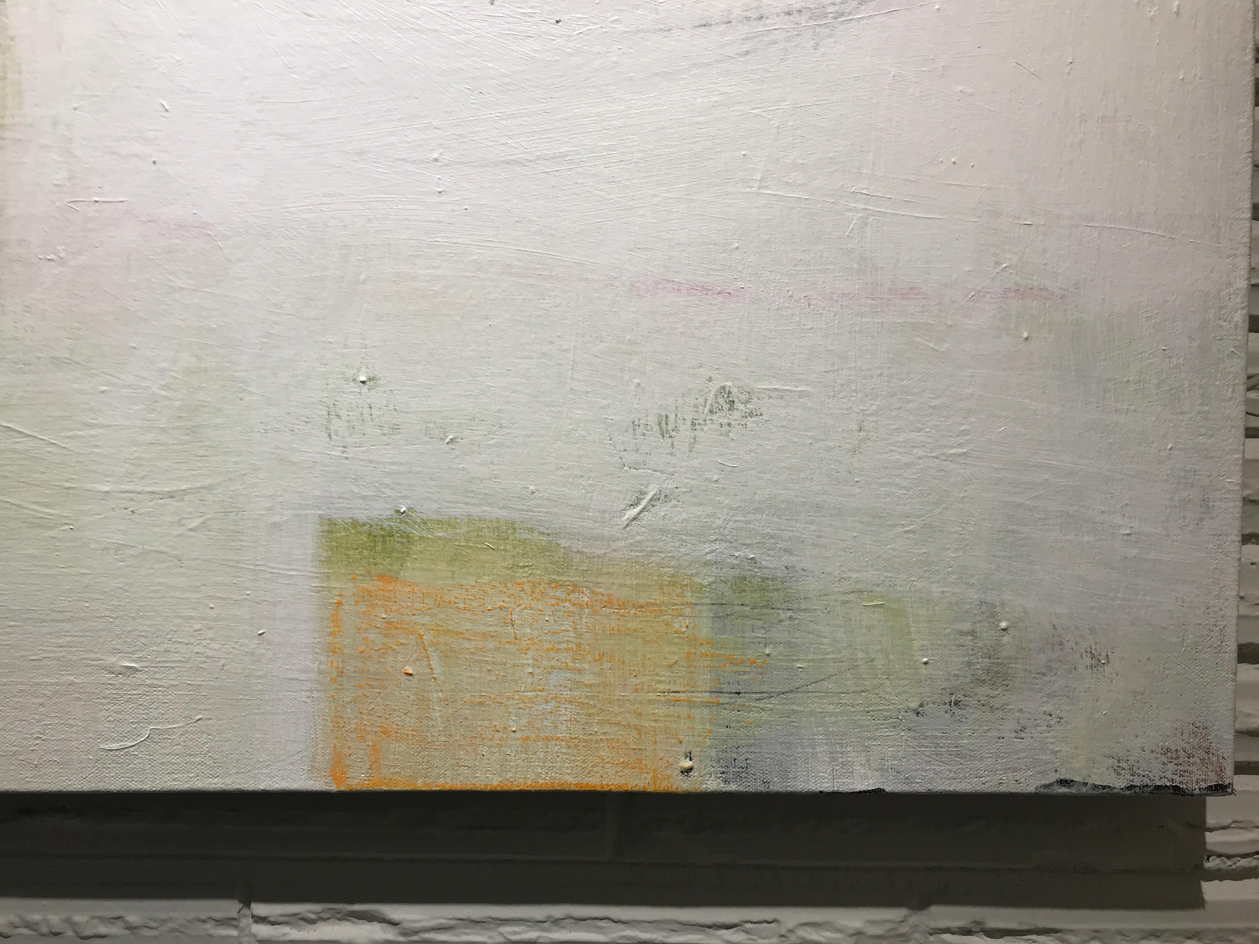 'Treasured' is a large abstract acrylic and mixed media on canvas painting of square format created by American artist Ellen Rolli in 2018. Featuring a soft palette mostly made of white, green and grey tones, the painting exudes an undeniable sense