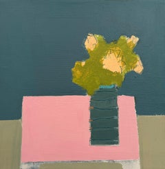 Vessel and Bouquet on Pink Table by Ellen Rolli, Contemporary Still Life, Canvas