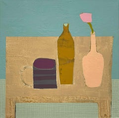 Vessel Shapes and a Flower, Contemporary Still Life Mixed Media Painting