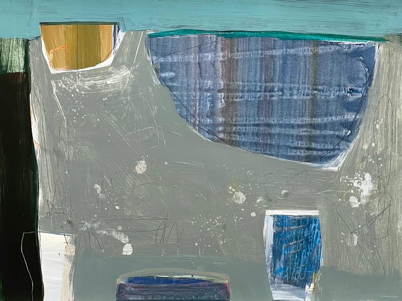 Gefäße in einer Landschaft von Ellen Rolli, Zeitgenössisches Stillleben Öl auf Papier