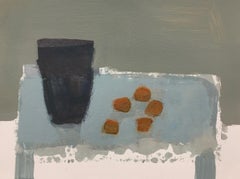Violet Vessel with Clementines, Petite Horizontal Abstract Still Life on Paper