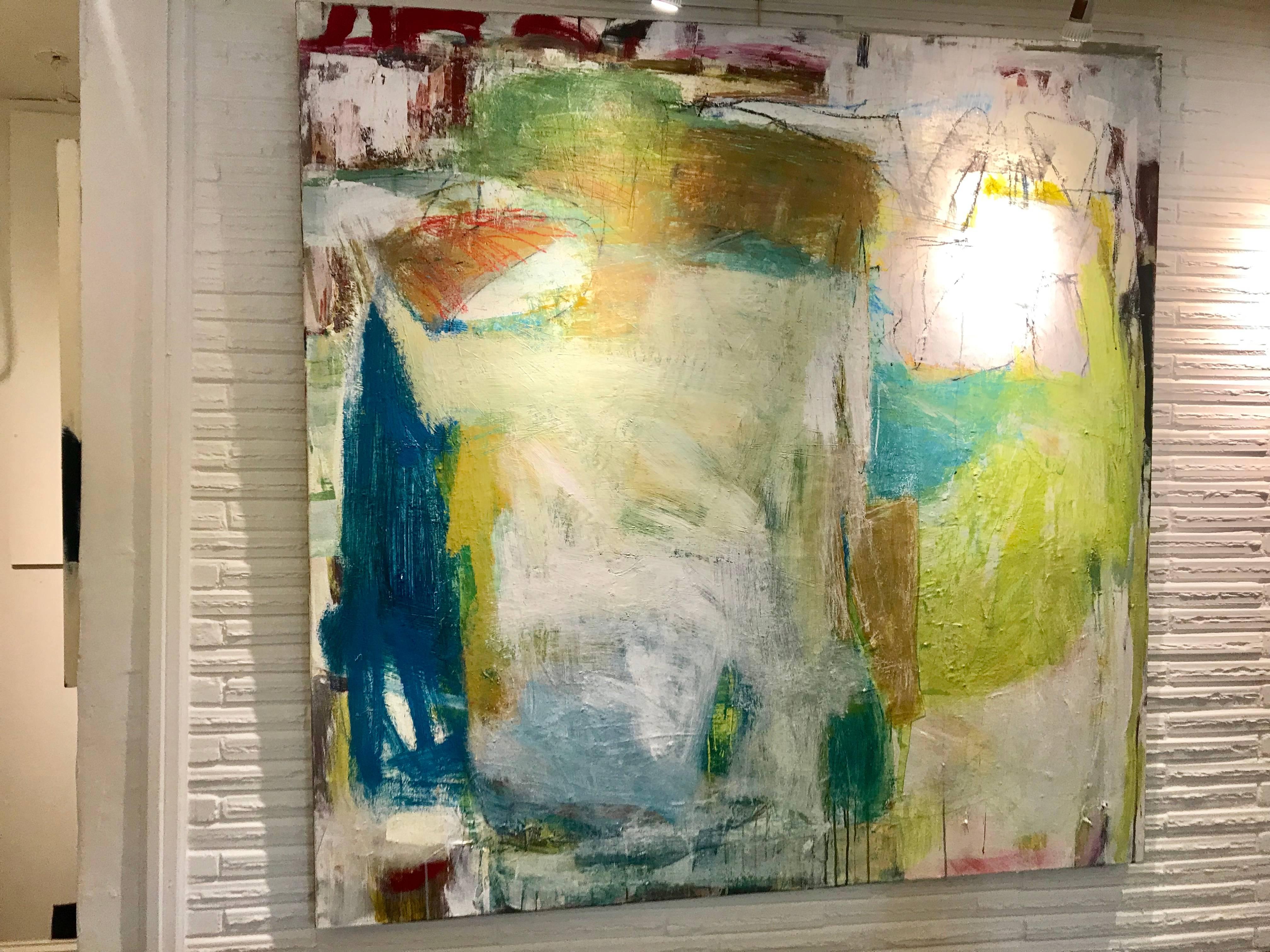 'Wait for Me' is a large abstract acrylic and mixed media on canvas painting of square format, created by American artist Ellen Rolli in 2018. Featuring a vibrant palette made of chartreuse, teal, brown and red tones alternating with white touches,