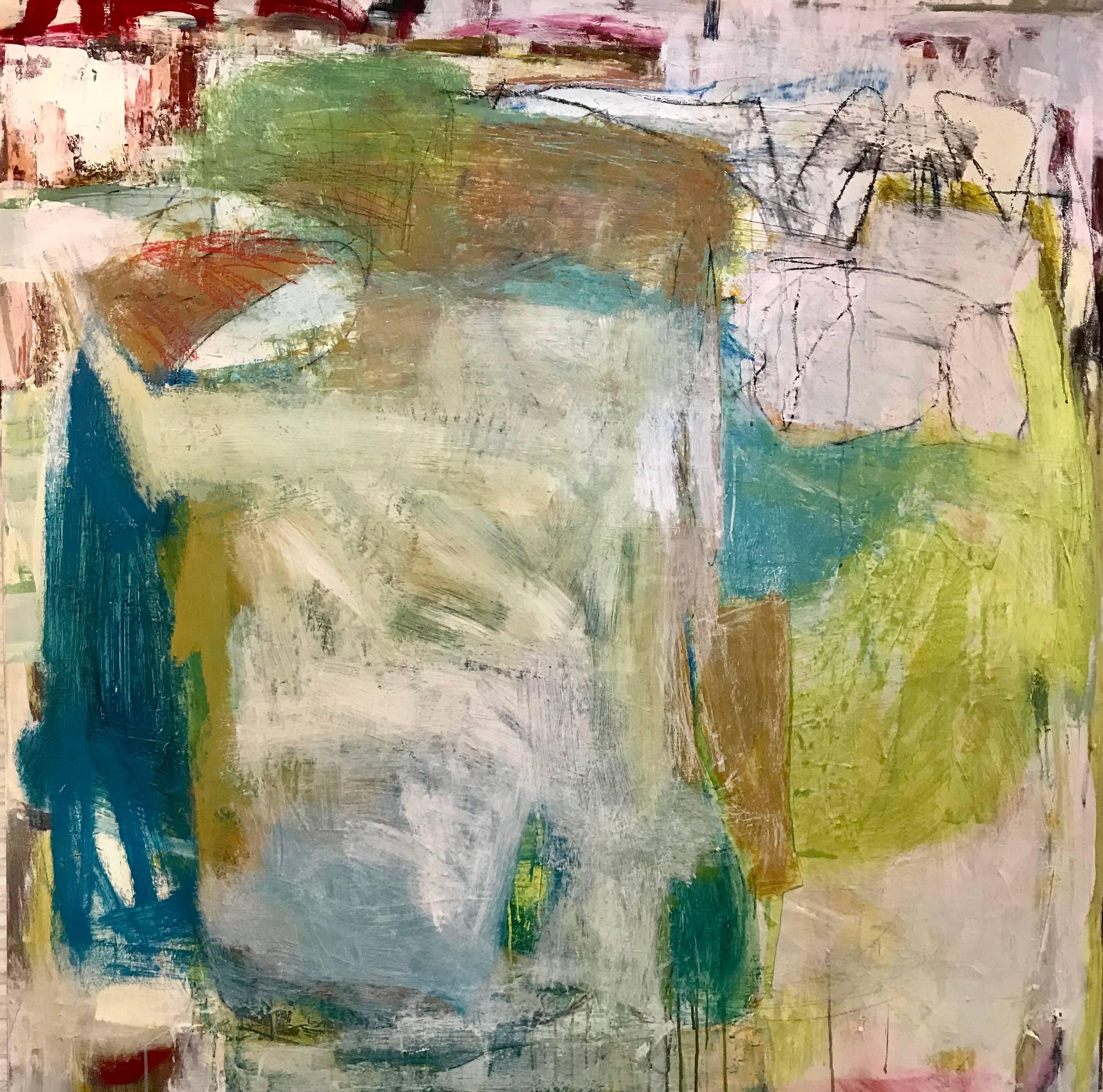 Ellen Rolli Abstract Painting - Wait for Me, Large Square Abstract Acrylic and Mixed Media on Canvas Painting