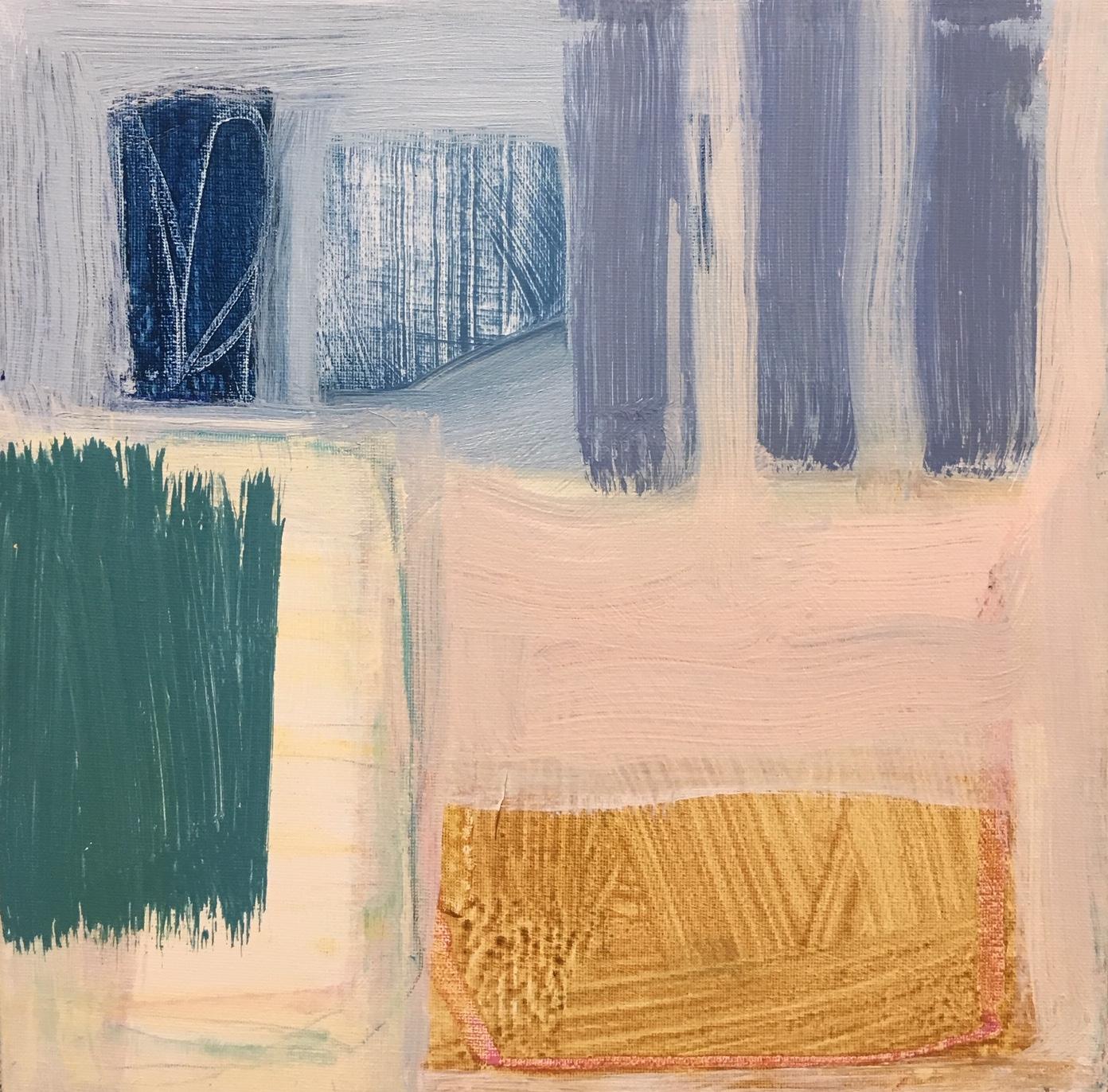 'Walk by the Sea' is a petite abstract acrylic and mixed media on canvas painting created by American artist Ellen Rolli in 2019. Featuring a palette mostly made of blue, light pink, ocher, grey and green, tones, the painting exudes an impression of