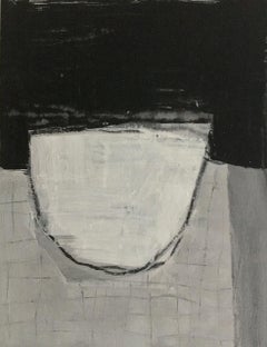 White Vessel, Petite Vertical Abstract White and Black Still Life on Paper