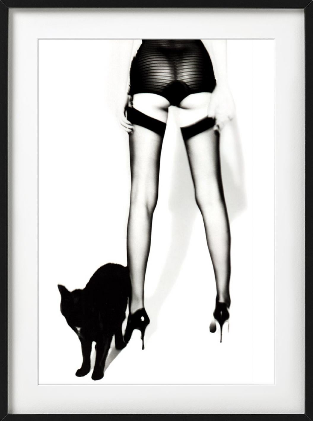 Adriana Lima Wicked IV - in tights with black cat, fine art photography. 1999 - Gray Black and White Photograph by Ellen von Unwerth