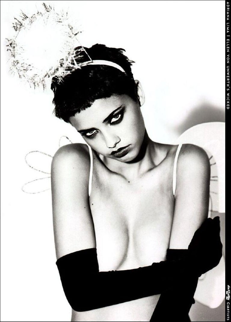 Ellen von Unwerth Nude Photograph - Adriana Lima Wicked  - the supermodel naked with halo and silk gloves