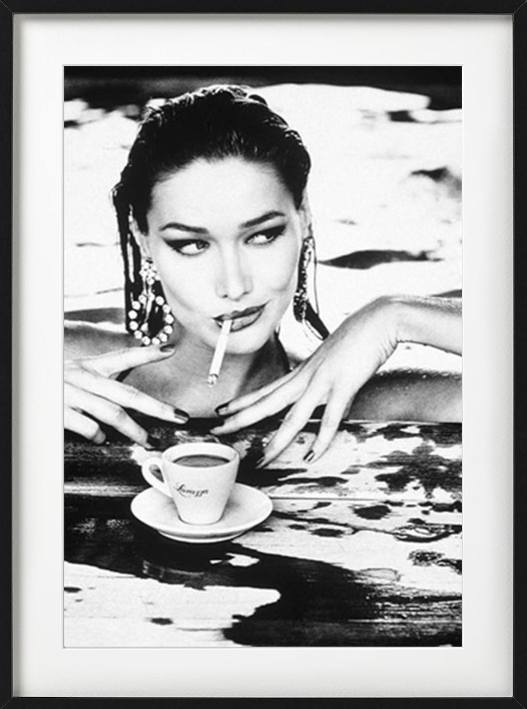 Carla Bruni, Lavazza - Portrait with pool & coffee, fine art photography, 1995 - Contemporary Photograph by Ellen von Unwerth
