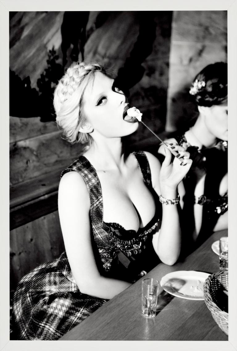 Taste Test - Heimat, Model, traditional dress eating fondue fine art photography For Sale 3