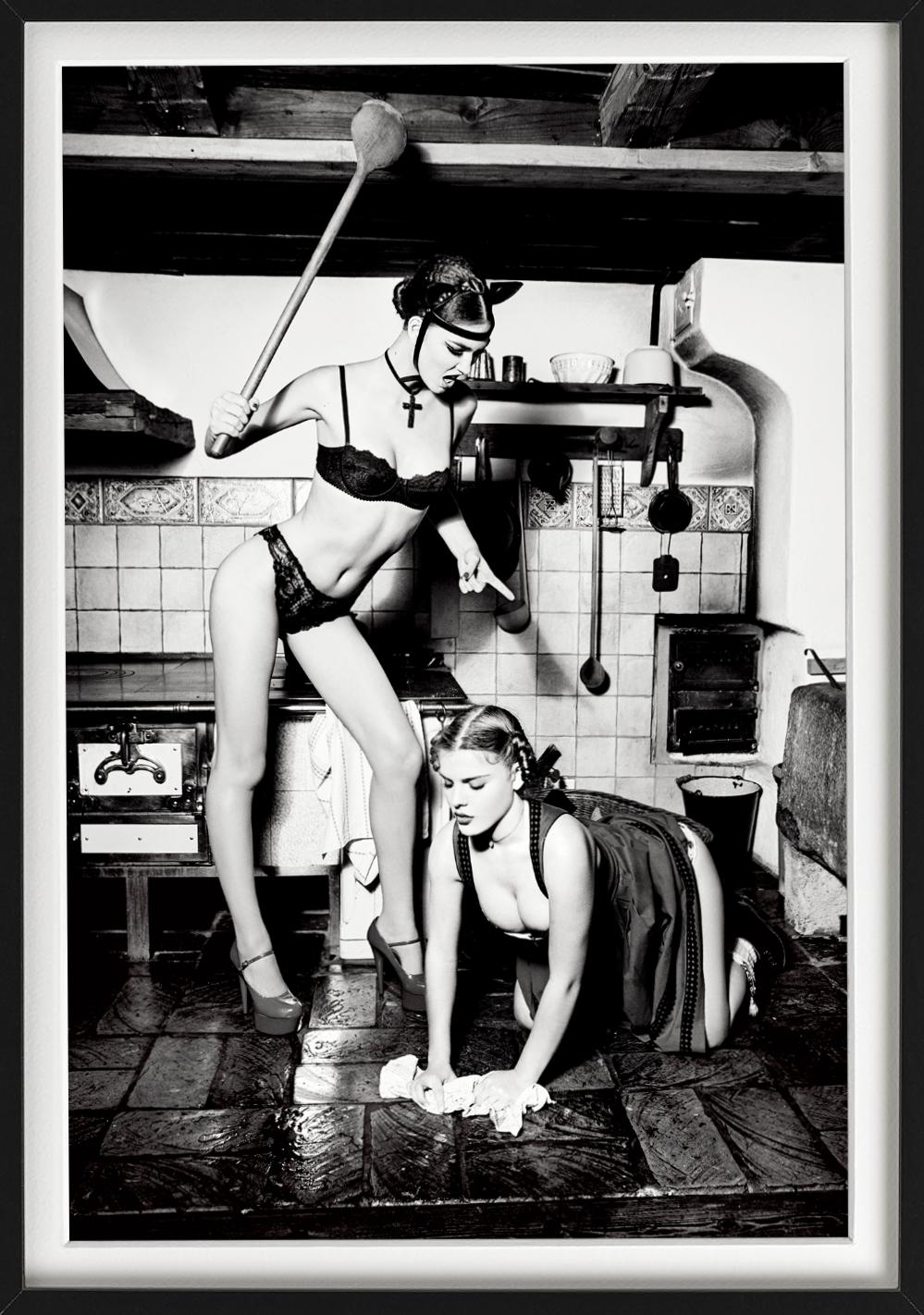 The Spill - Models in a kitchen cleaning the floor, fine art photography, 2015 - Photograph by Ellen von Unwerth