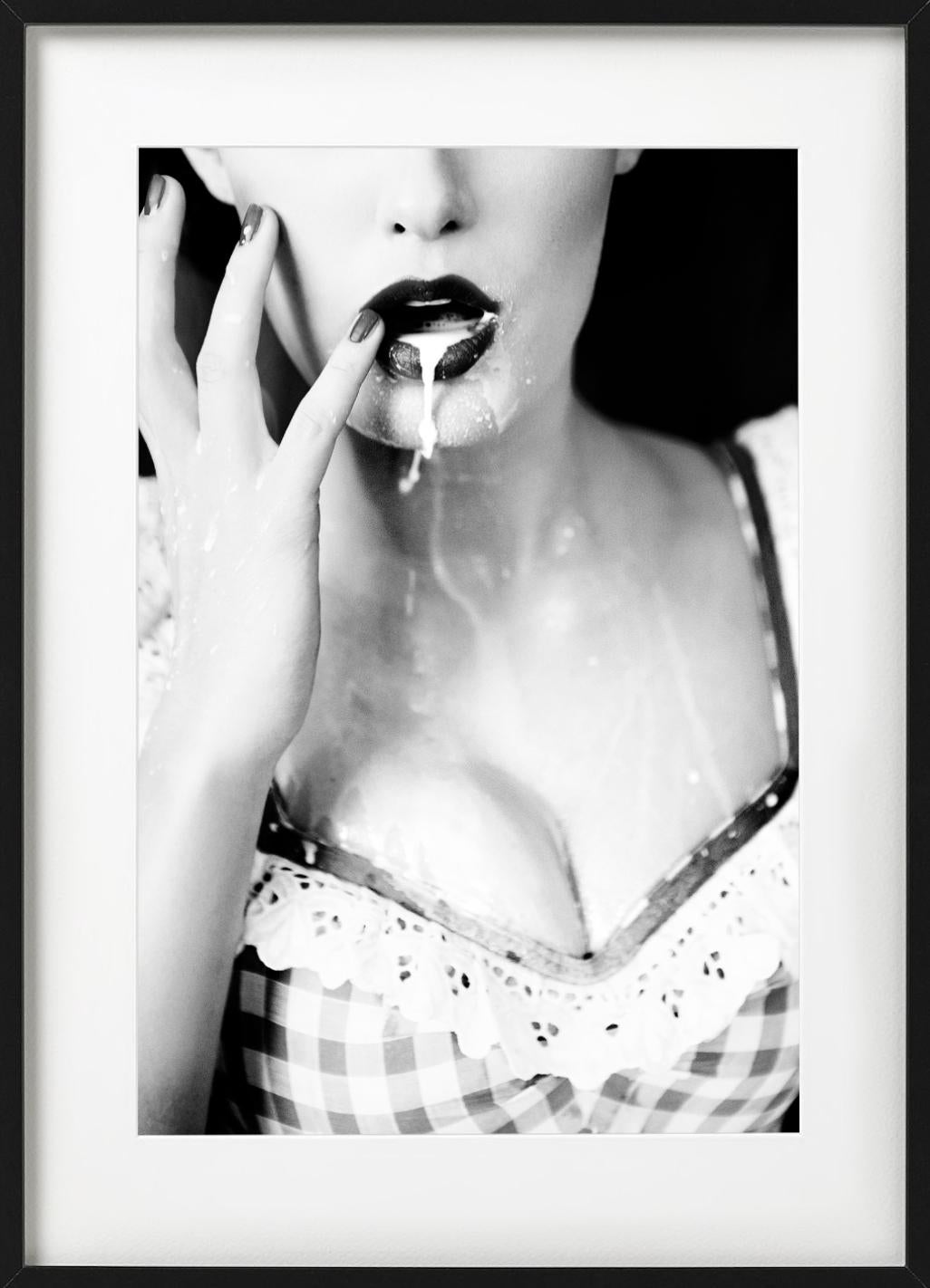 Thirsty - Milk dripping out of a Model's Mouth, b&w fine art photography, 2015 - Photograph by Ellen von Unwerth
