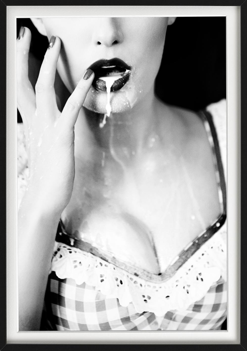 Thirsty - Milk dripping out of a Model's Mouth, b&w fine art photography, 2015 - Gray Black and White Photograph by Ellen von Unwerth