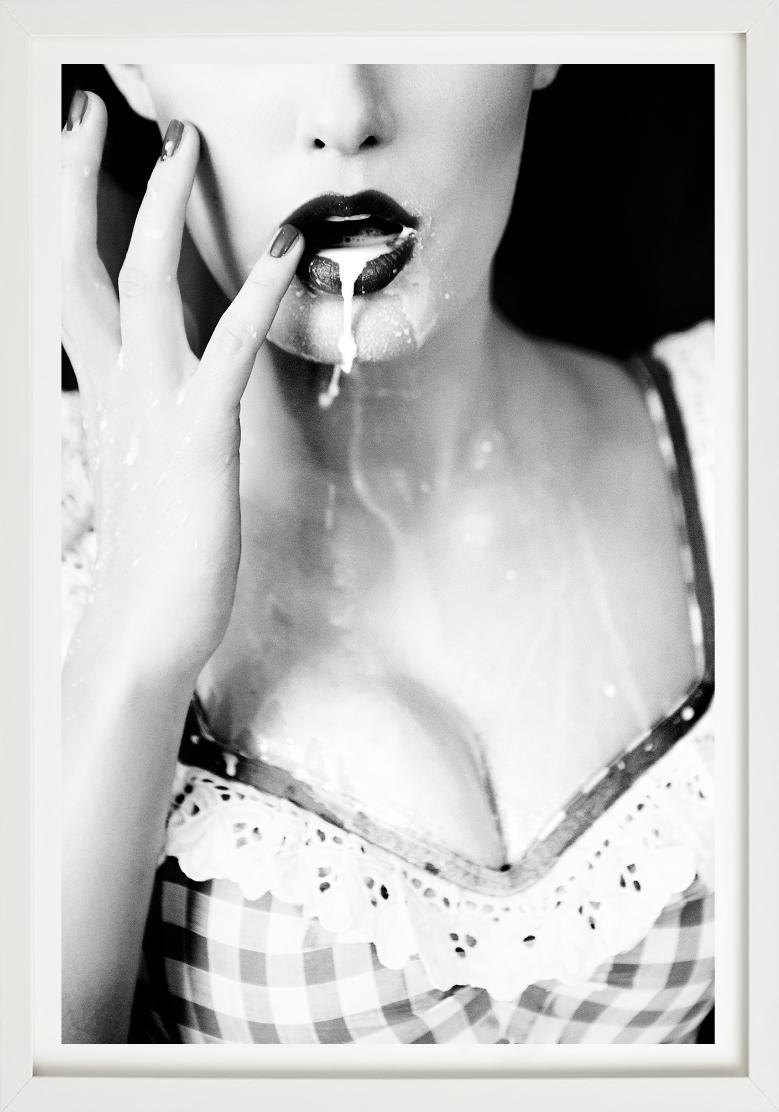 Thirsty - Milk dripping out of a Model's Mouth, b&w fine art photography, 2015 For Sale 1