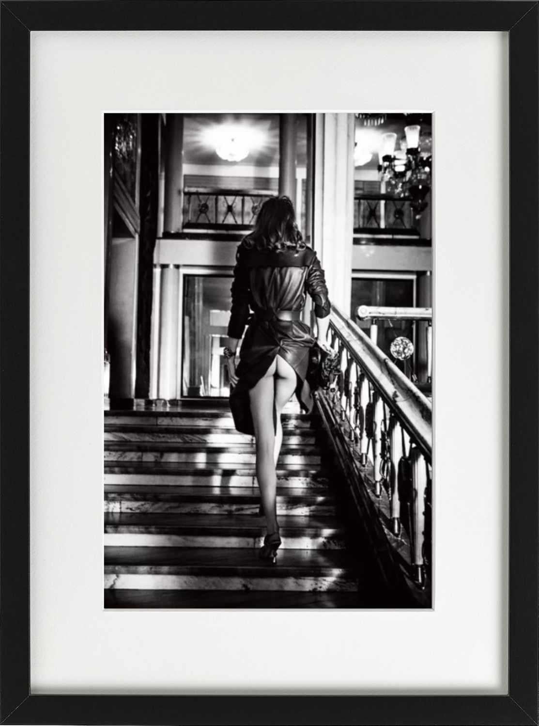 Undercover, Warsaw - semi nude on a stairwell, fine art photography, 2019 - Black Black and White Photograph by Ellen von Unwerth