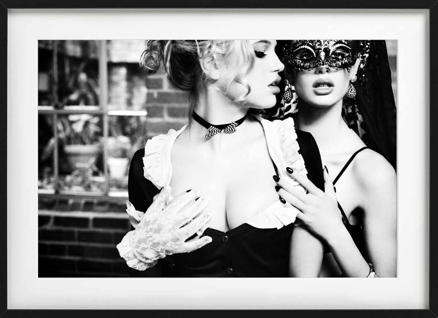 Gossip - sensual portrait of two models in masks, fine art photography, 2003 For Sale 1