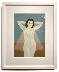 Des ailes ajustées, peinture à la gouache d'un nu féminin aux ailes, fond bleu, cadre