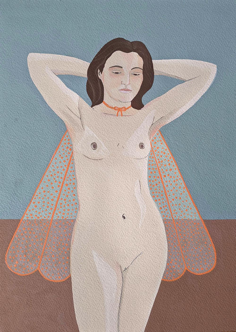 Des ailes ajustées, peinture à la gouache d'un nu féminin aux ailes, fond bleu, cadre