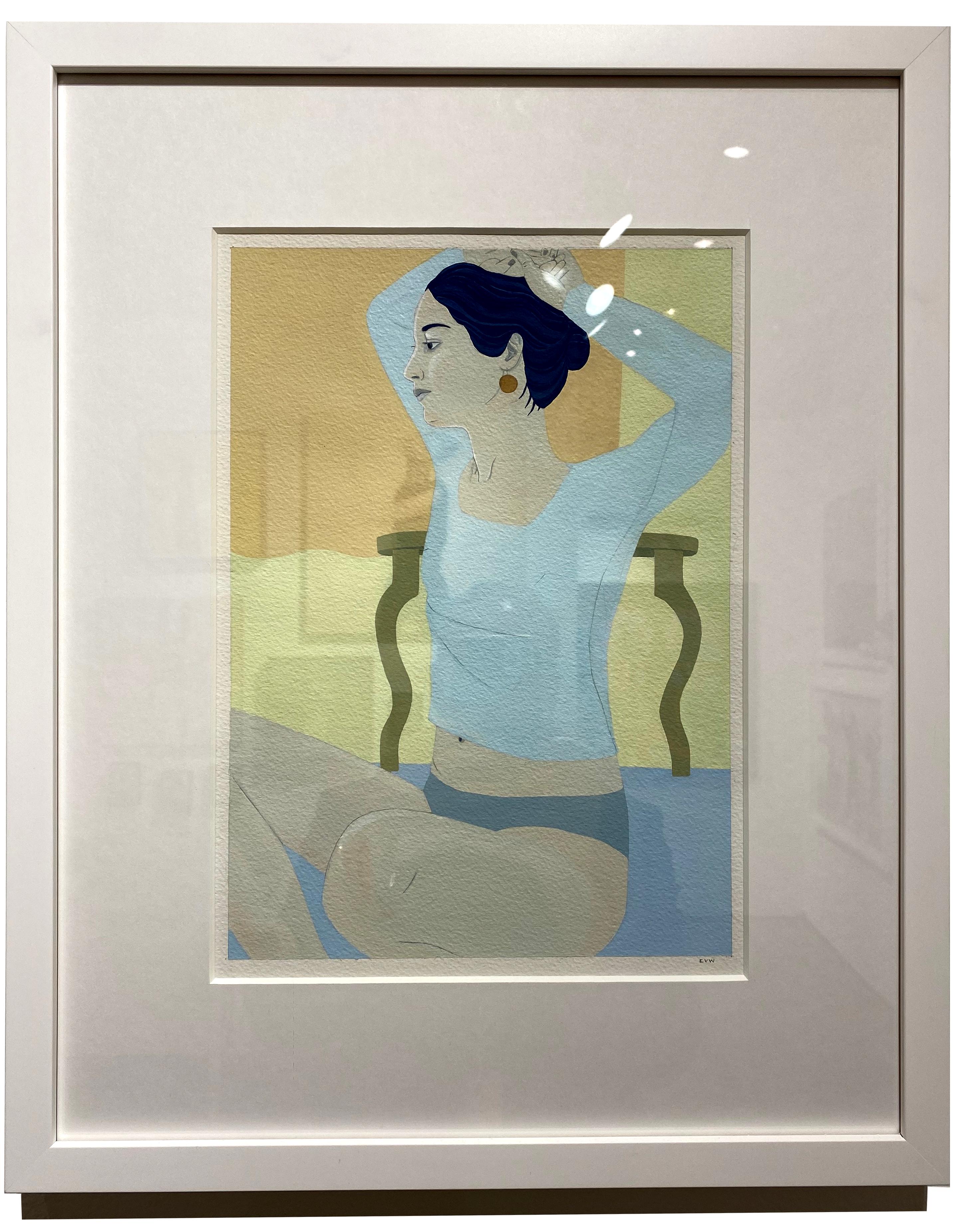 Shimmer, gouache painting of woman, pastel colors, white frame - Painting by Ellen Von Wiegand