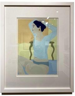 Shimmer, gouache painting of woman, pastel colors, white frame