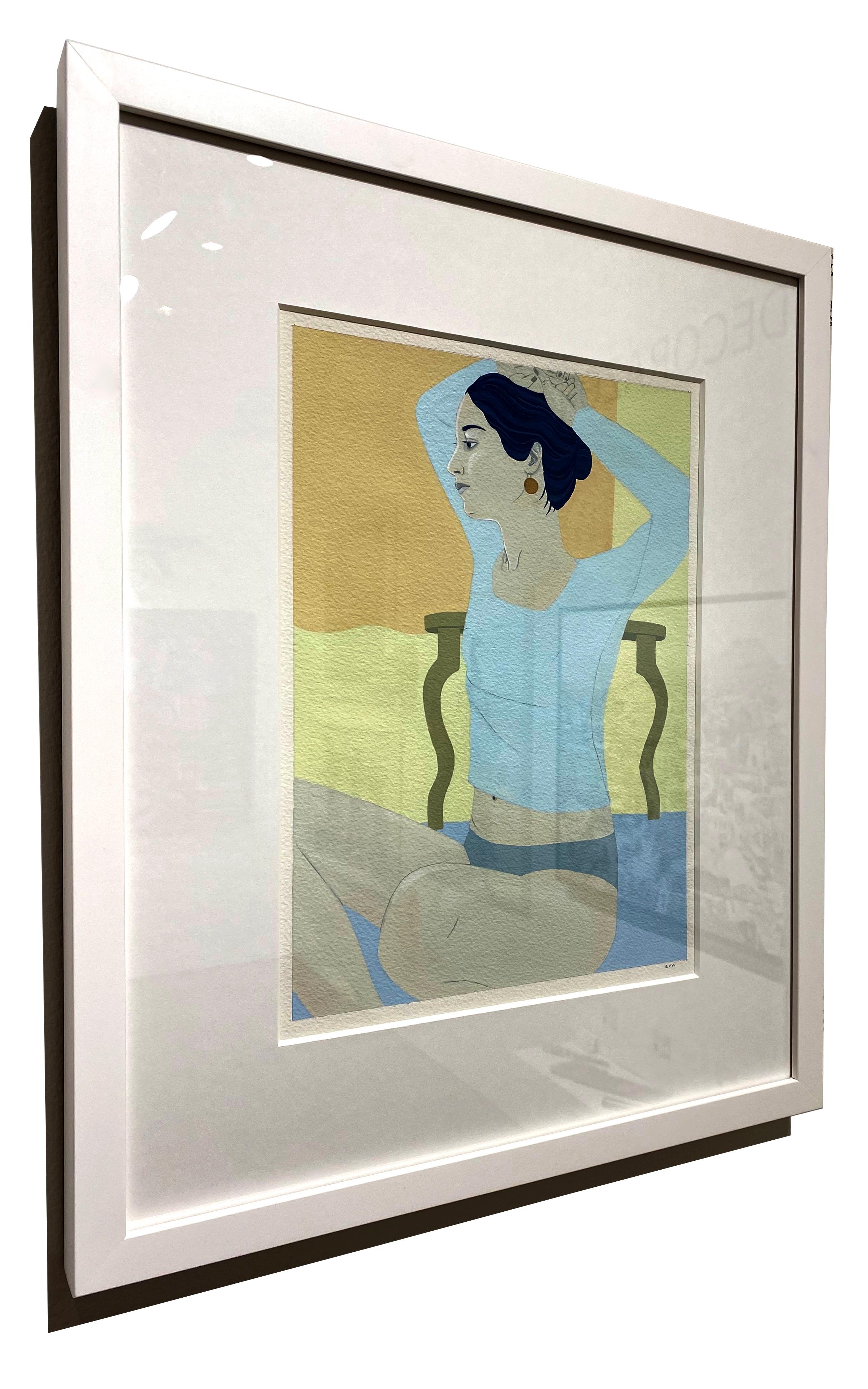 Shimmer, gouache painting of woman, pastel colors, white frame - Contemporary Painting by Ellen Von Wiegand