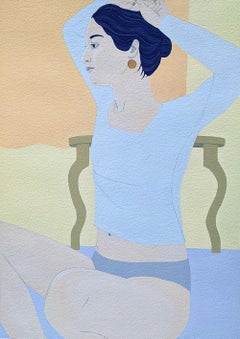 Shimmer, gouache painting of woman, pastel colors, white frame