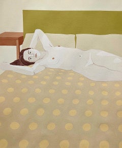 Il sole abbagliava la casa con la luce, pittura a guazzo di nudo femminile su sfondo giallo