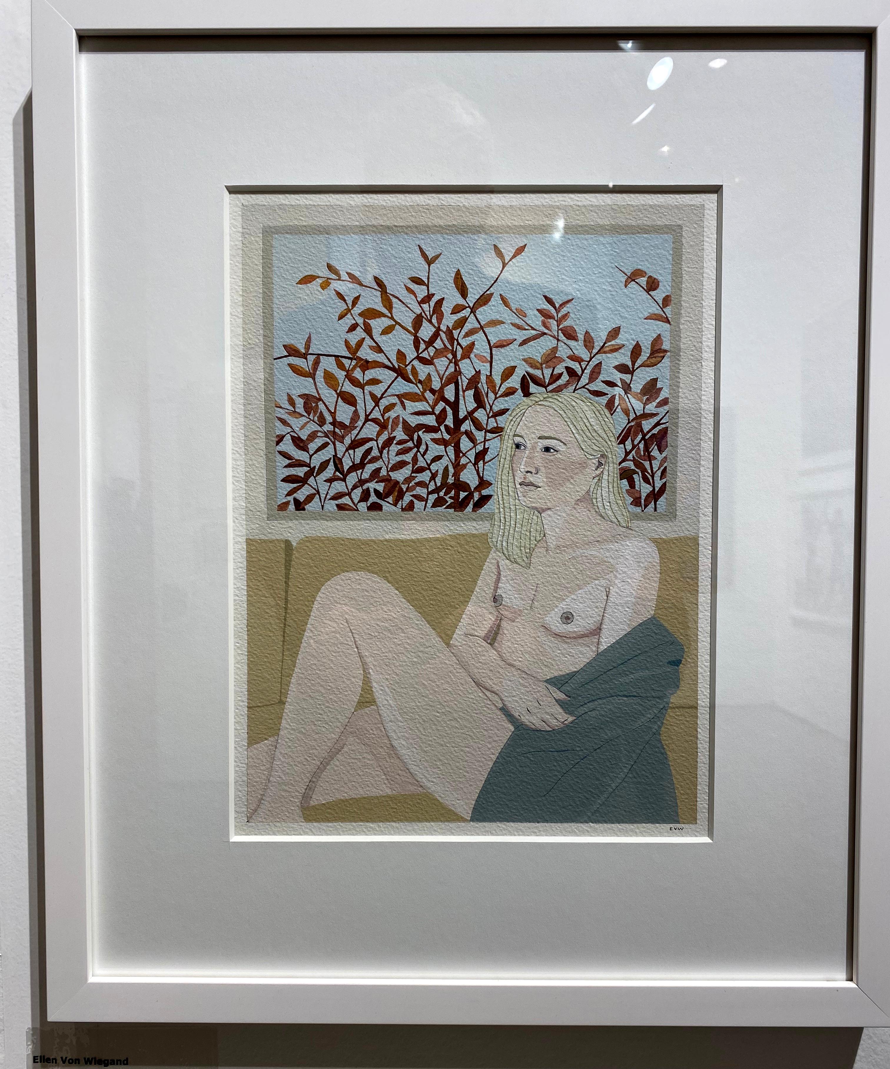 Under the Red Leaves gouache painting of female nude, pastel colors, white frame - Art by Ellen Von Wiegand