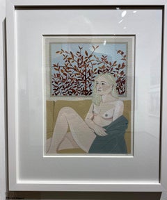 Under the Red Leaves gouache painting of female nude, pastel colors, white frame