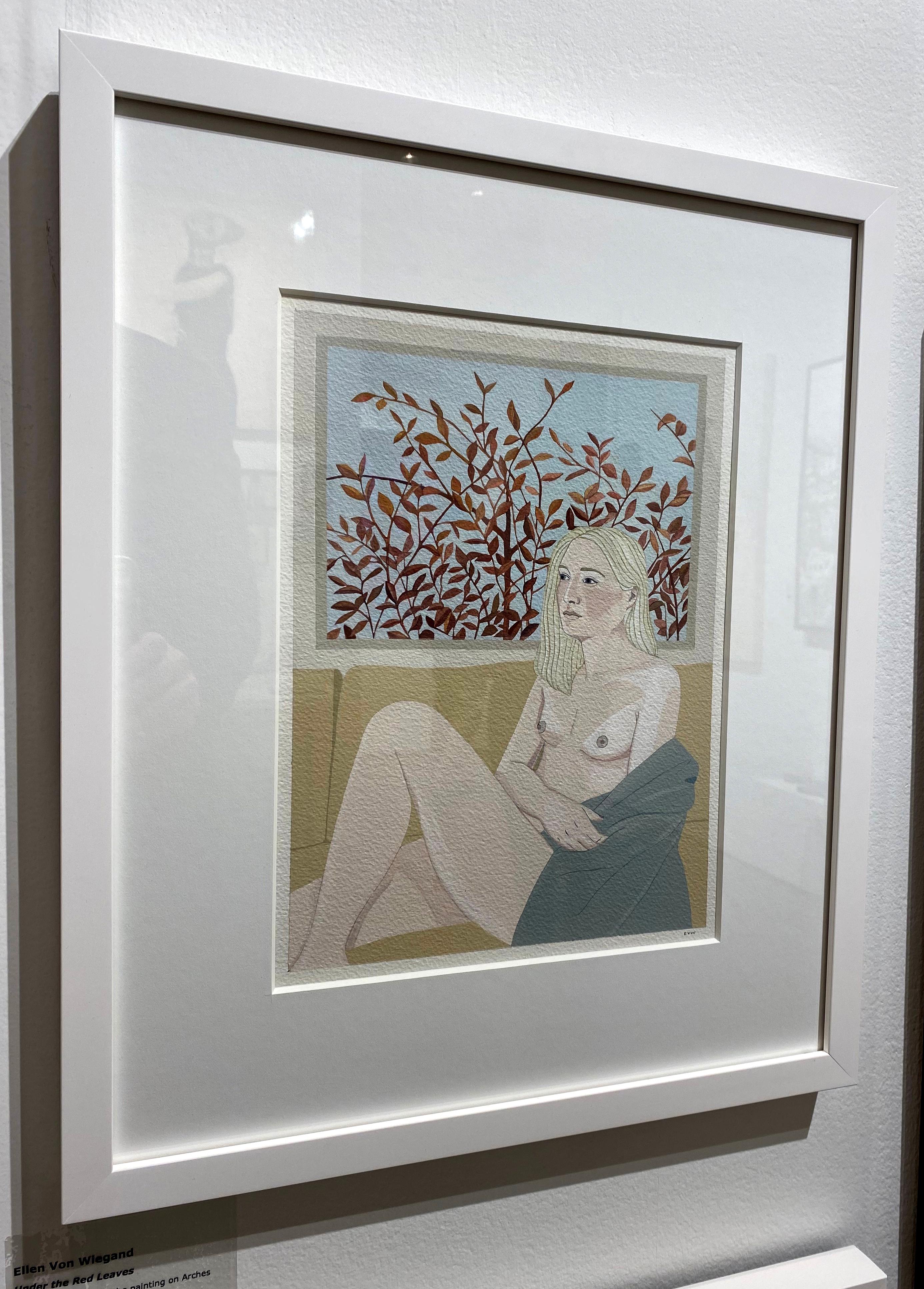 Under the Red Leaves gouache painting of female nude, pastel colors, white frame - Contemporary Art by Ellen Von Wiegand
