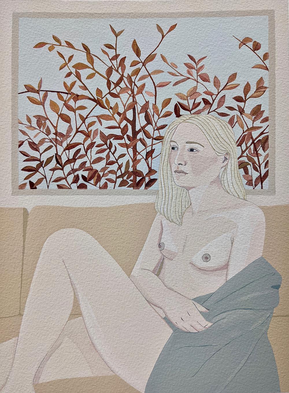Unter den roten Blättern, Gouache-Gemälde eines weiblichen Akts, Pastellfarben, weißer Rahmen