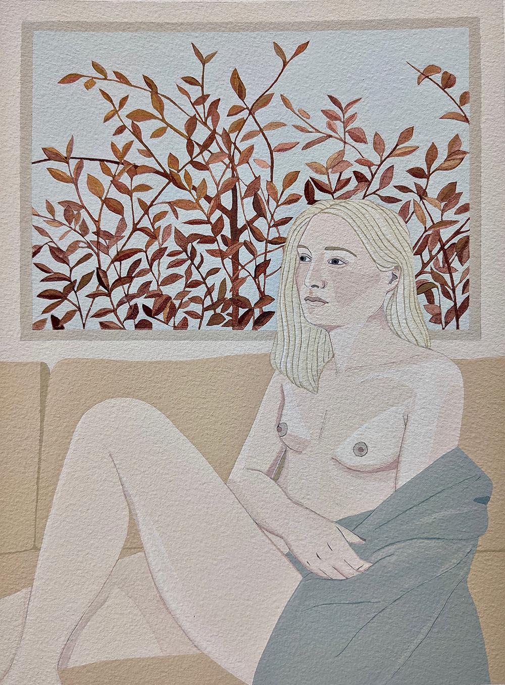 Sotto le foglie rosse dipinto a guazzo di nudo femminile, colori pastello, cornice bianca