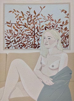 Under the Red Leaves gouache painting of female nude, pastel colors, white frame