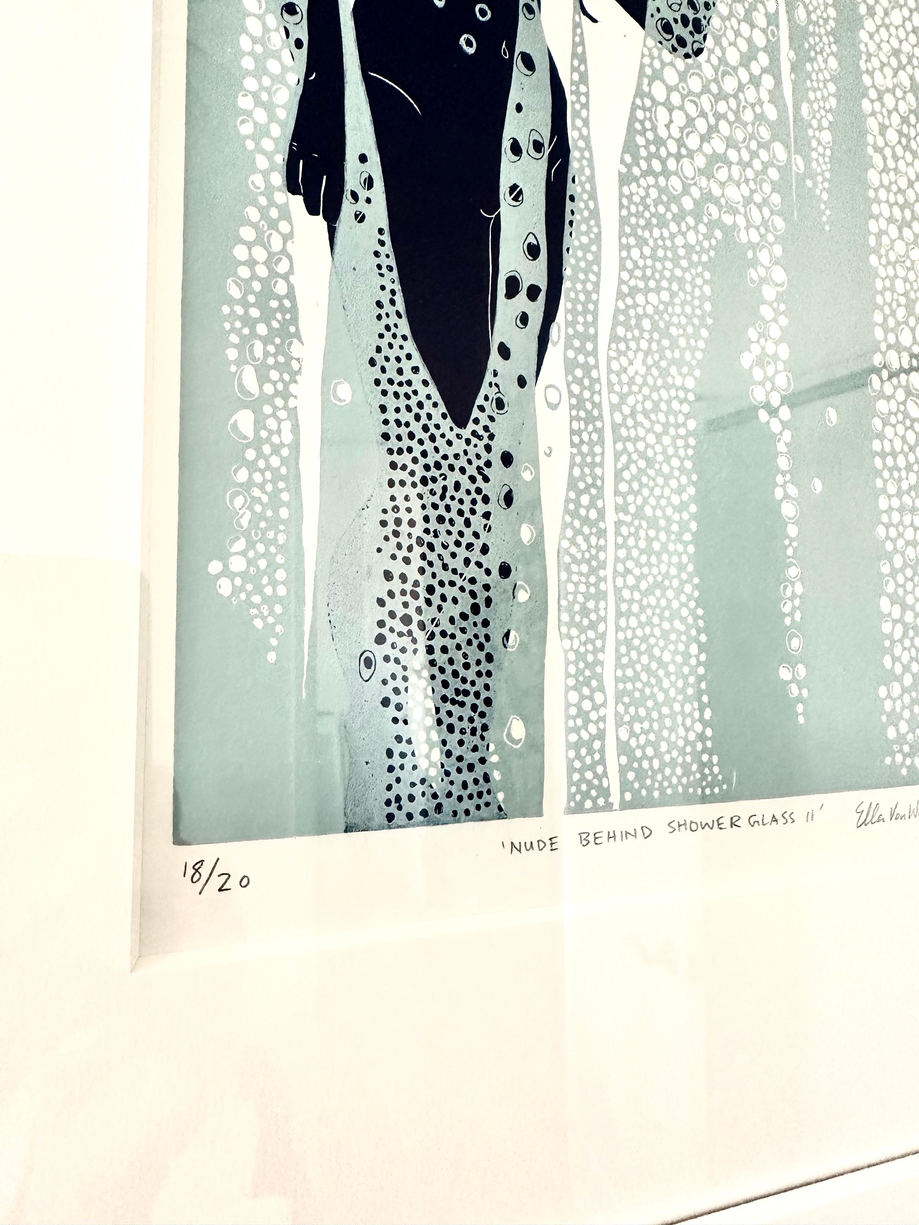 Nude Behind Shower Glass II, female figurative Linocut original print, Framed - Print by Ellen Von Wiegand