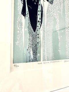 Nude Behind Shower Glass II, female figurative Linocut original print, Framed