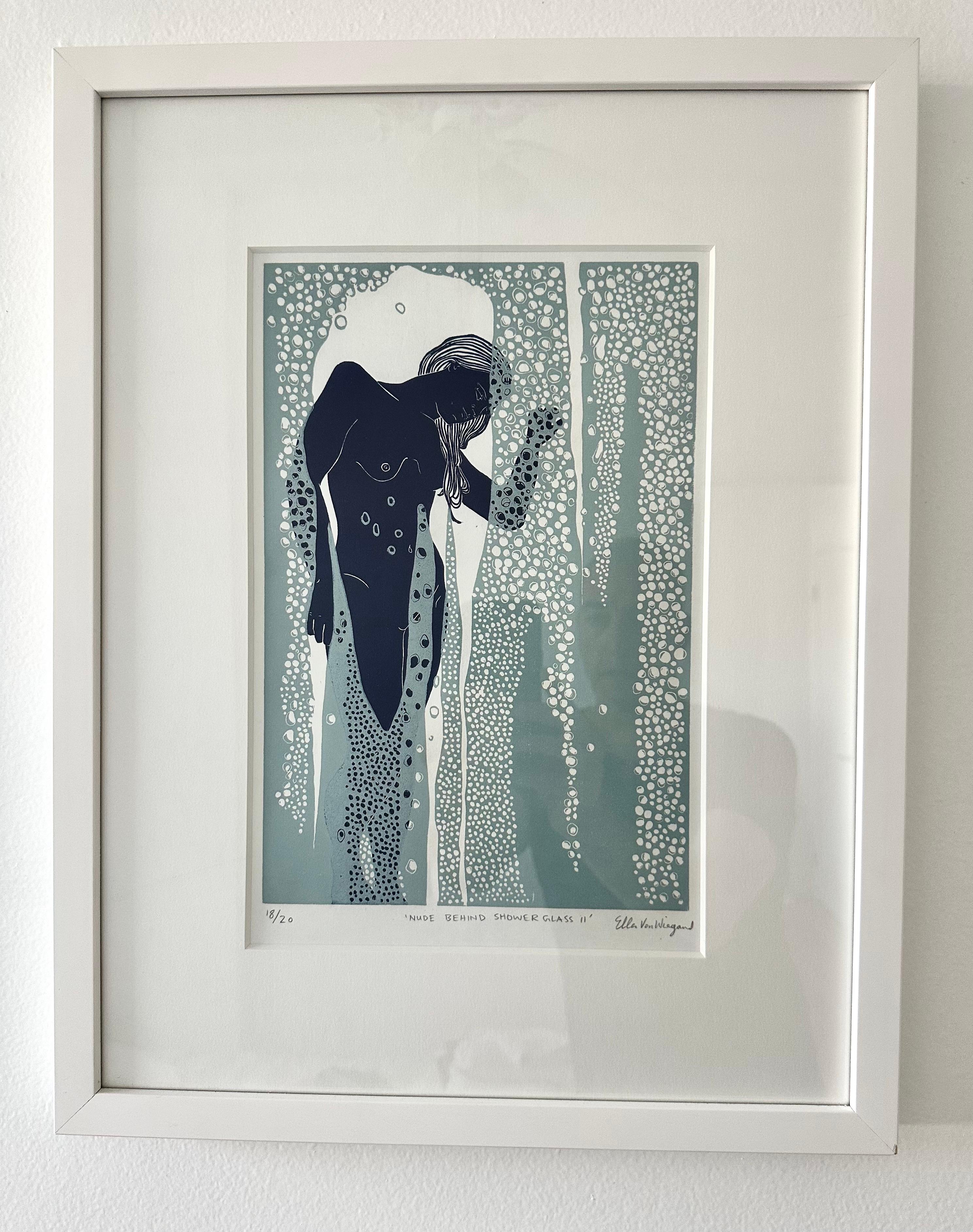 Nude Behind Shower Glass II, female figurative Linocut original print, Framed - Contemporary Print by Ellen Von Wiegand