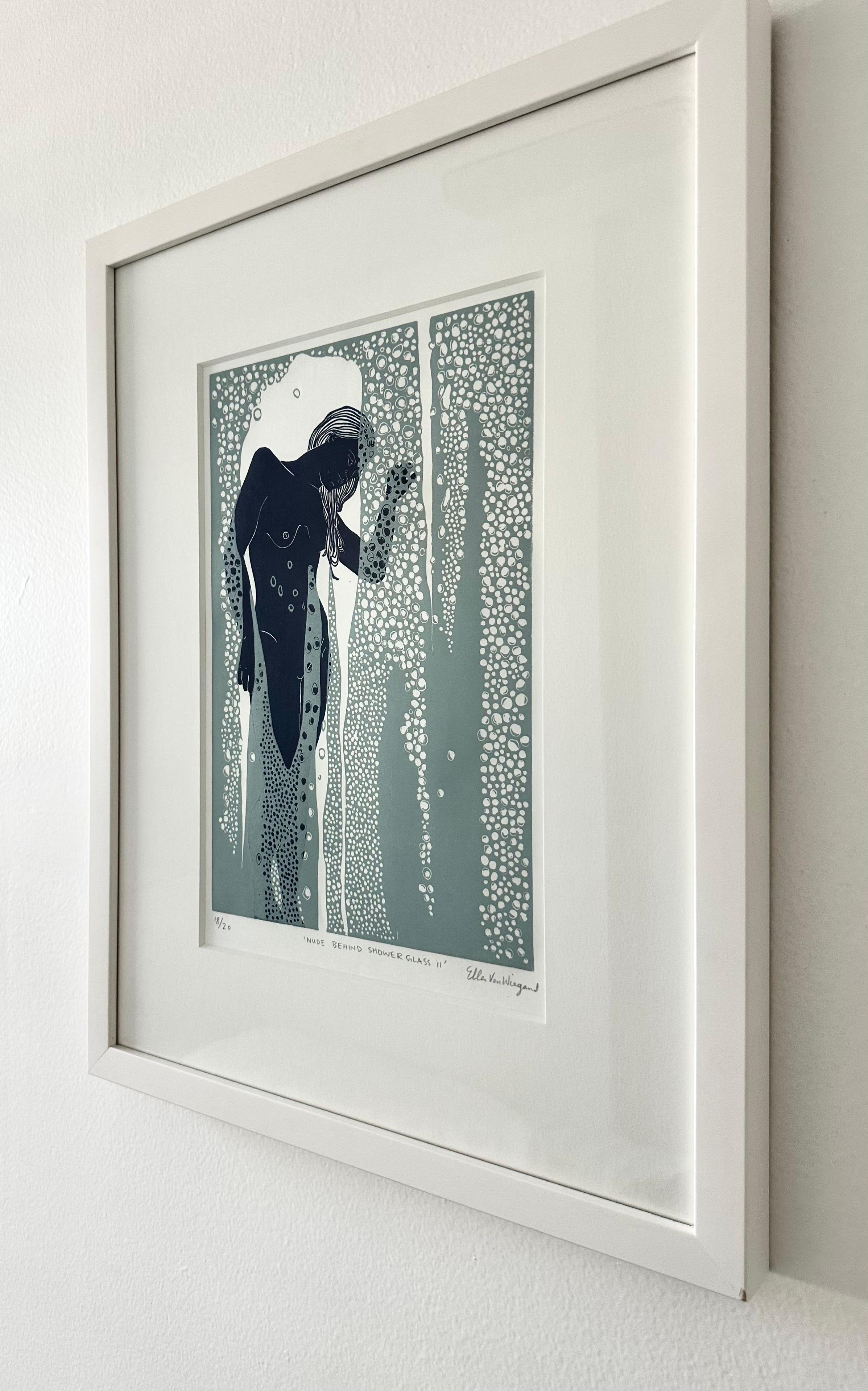 Nude Behind Shower Glass II, female figurative Linocut original print, Framed For Sale 1
