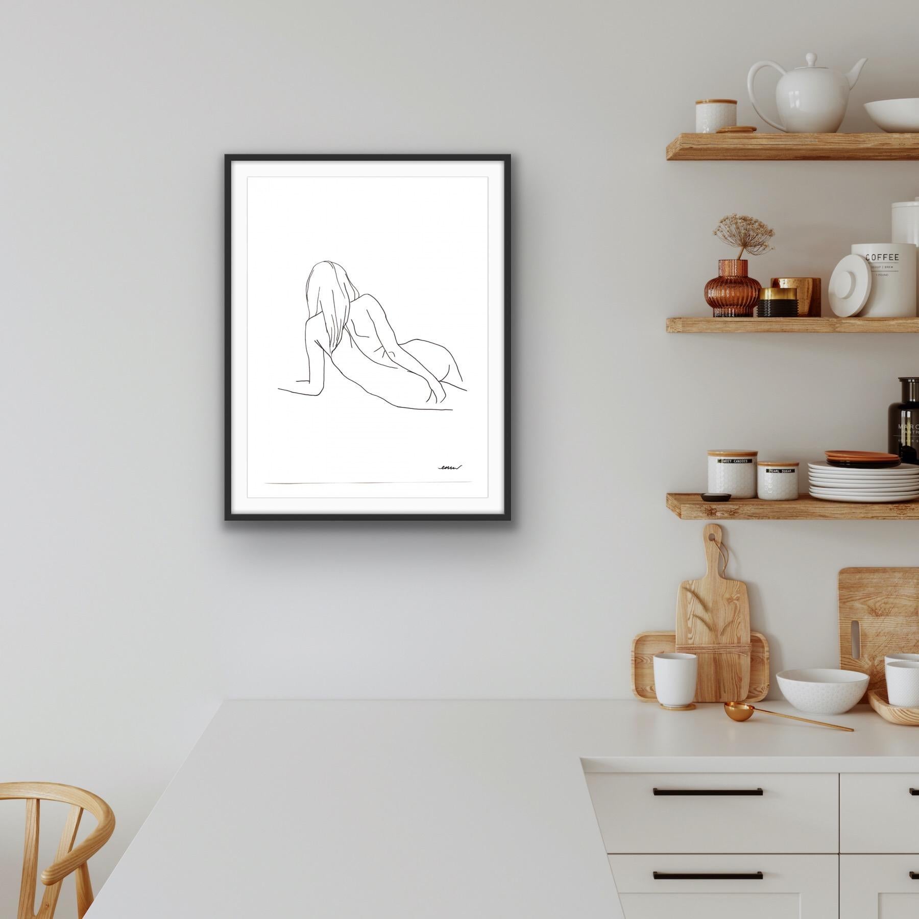 This original drawing by artist Ellen Williams is one in a series of elegant minimal nude studies, using a singular line to interpret the curves of a body.

ADDITIONAL INFORMATION:
Pen on Paper
42 H x 29 W x 0.01 D cm (16.54 x 11.42 x 0.00 in)
Sold