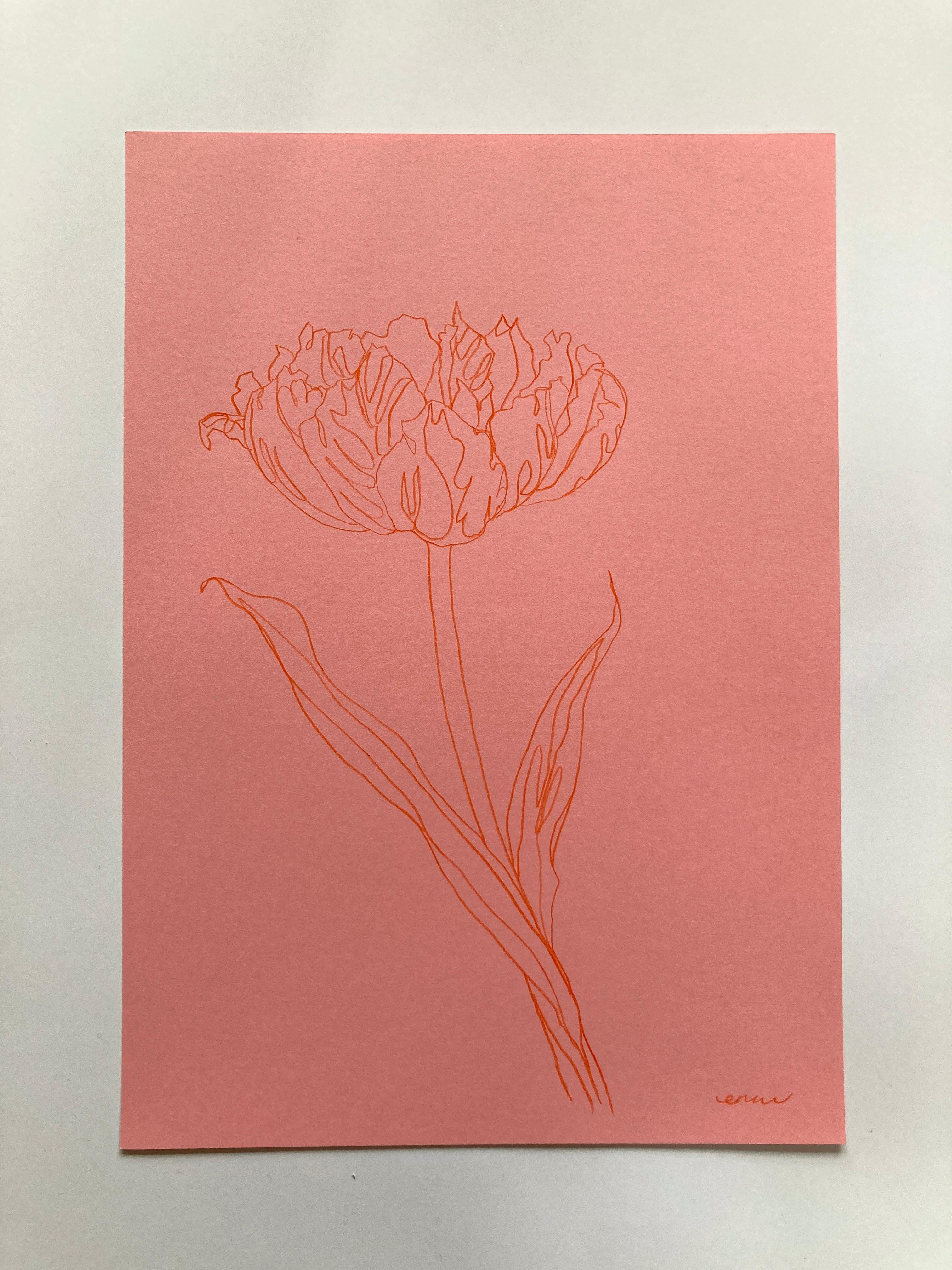 Parroquet tulipe II, peinture originale sur papier, Nature, Rose, Fleur en vente 1