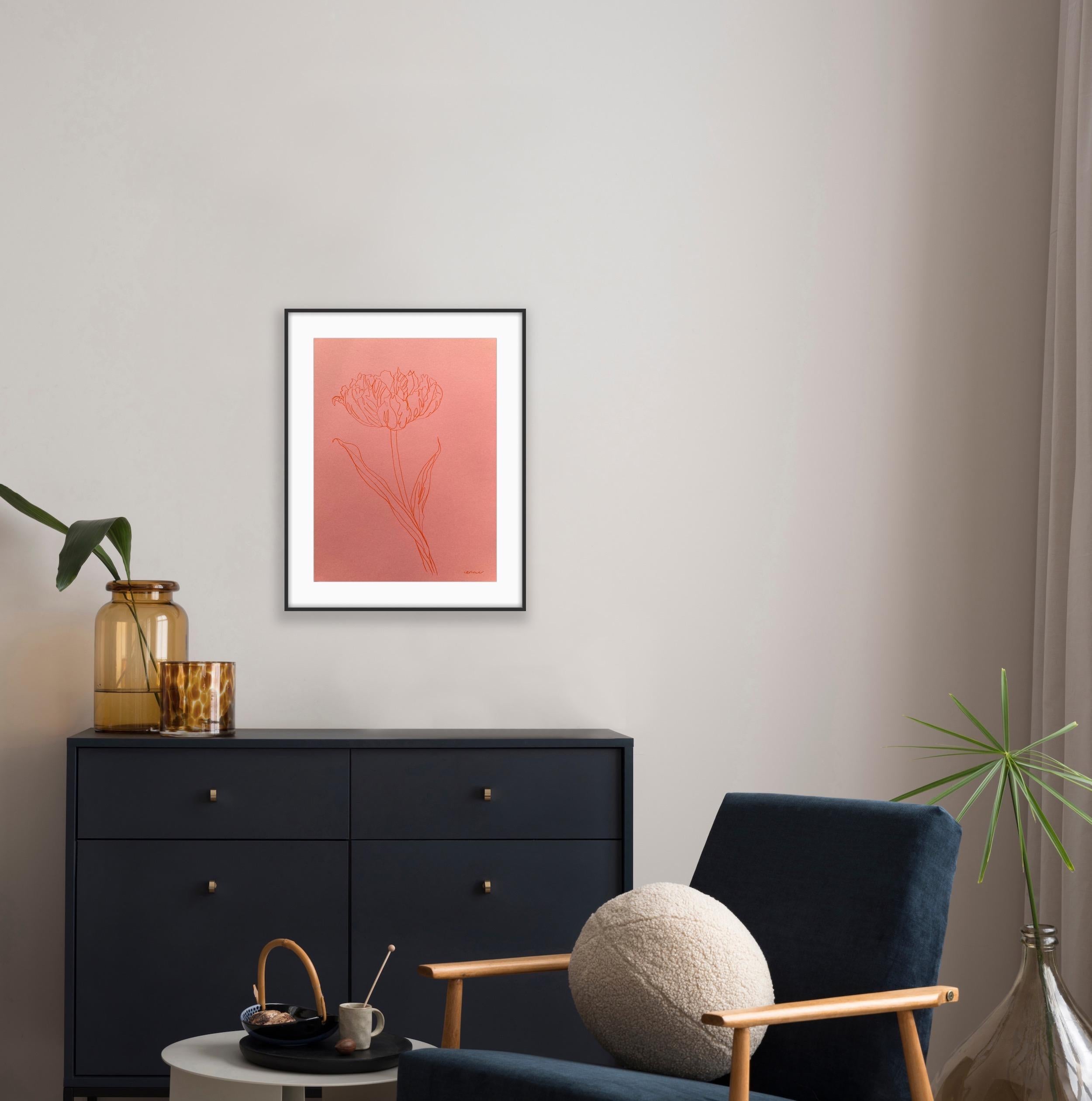 Parroquet tulipe II, peinture originale sur papier, Nature, Rose, Fleur en vente 2