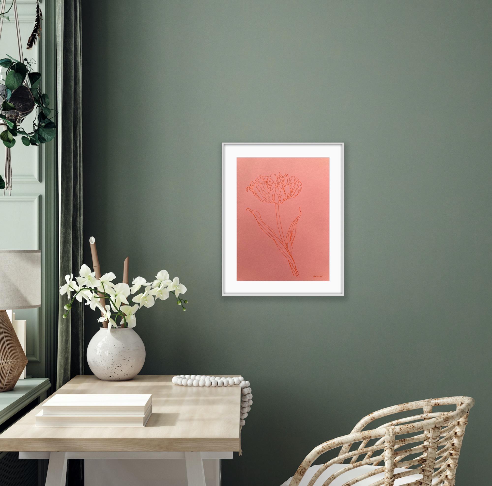 Parroquet tulipe II, peinture originale sur papier, Nature, Rose, Fleur en vente 3