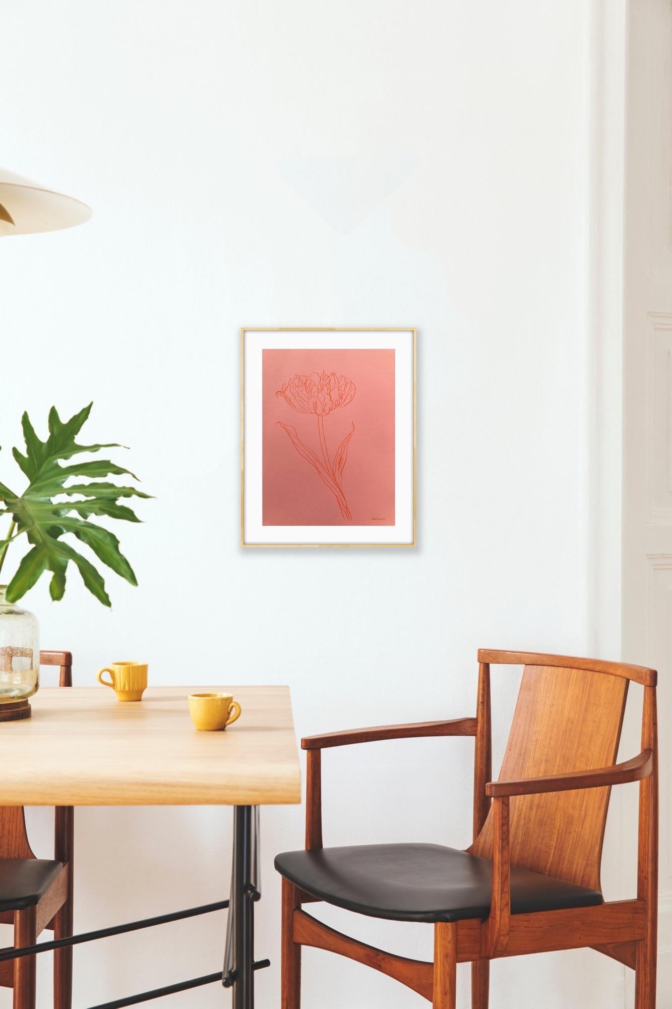 Parroquet tulipe II, peinture originale sur papier, Nature, Rose, Fleur en vente 4