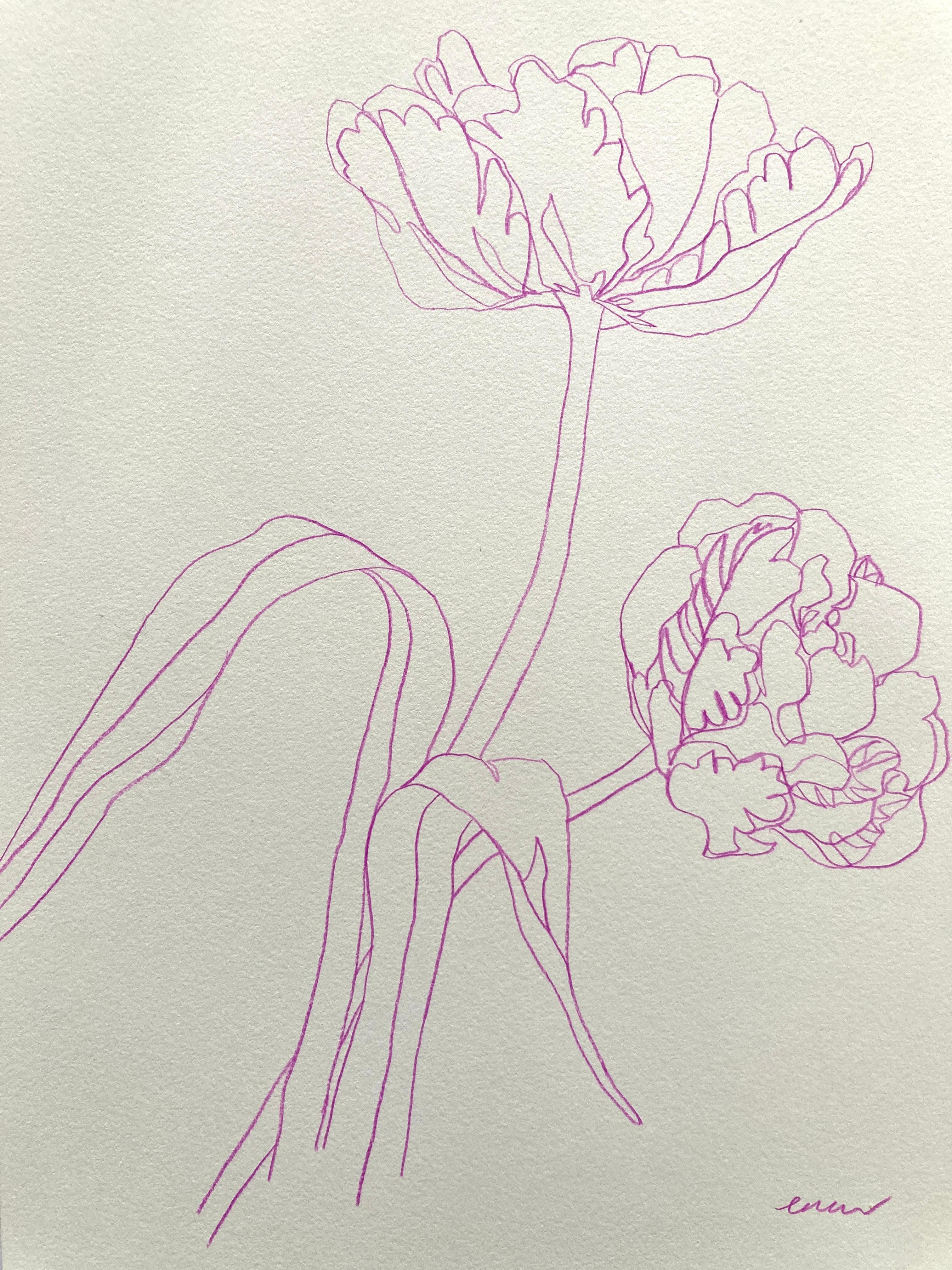 Paire de tulipes originales sur papier, Nature, Rose, Fleur en vente 1